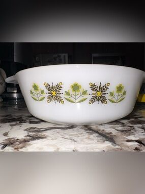 Anchor Hocking White Milk Glass Bowl with Green and Yellow Floral Band